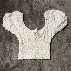 Billabong Floral Puff Sleeve Smocked Blouse - White and Pink